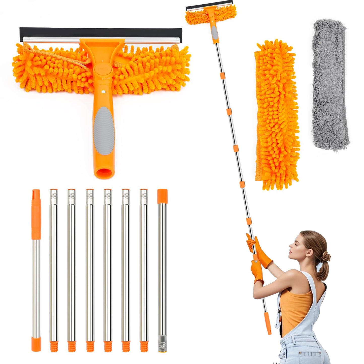 Lapluied 3.1M/122" Long Reach Window Cleaning Equipment, 3 in 1 Telescopic Window Cleaner, 270? Rotating Squeegee Window Cleaning Kit with 8