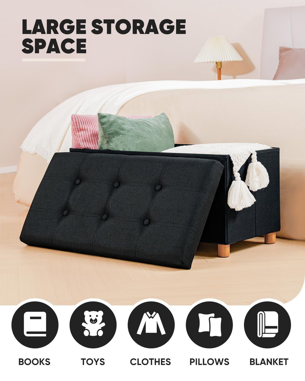 Bonlife Storage Ottoman with Tray, Foldable Bench with Wooden Legs