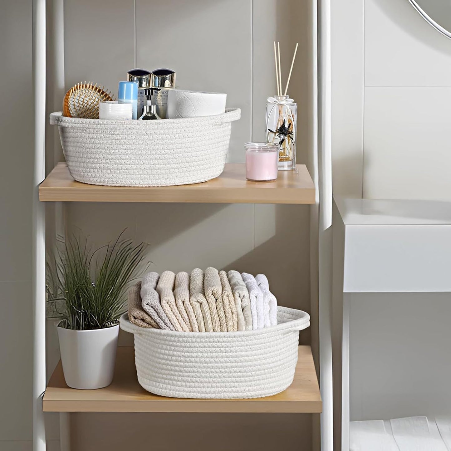 Woven Basket, White Rope Storage Basket with Sturdy Handles, Woven Storage Basket for Home Organisation, 30 x 20 x 12 cm