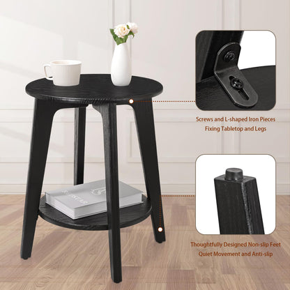 FEUFOAM 2-Tier Round Side End Table Black Beside Table Sofa Table Nightstand Modern Accent Table for Small Spaces Living Room Bedroom 40W x 52H cm