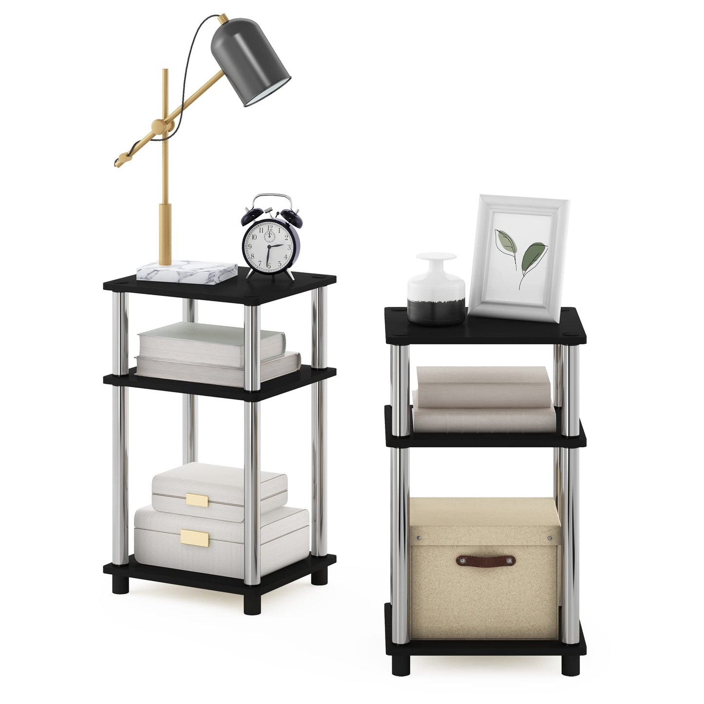 Furinno JUST Side Table Set of 2, 3-Tier End Tables, Open Shelves Night Stand, Nightstand, Toolless Assembly, for Living Room, Bedroom