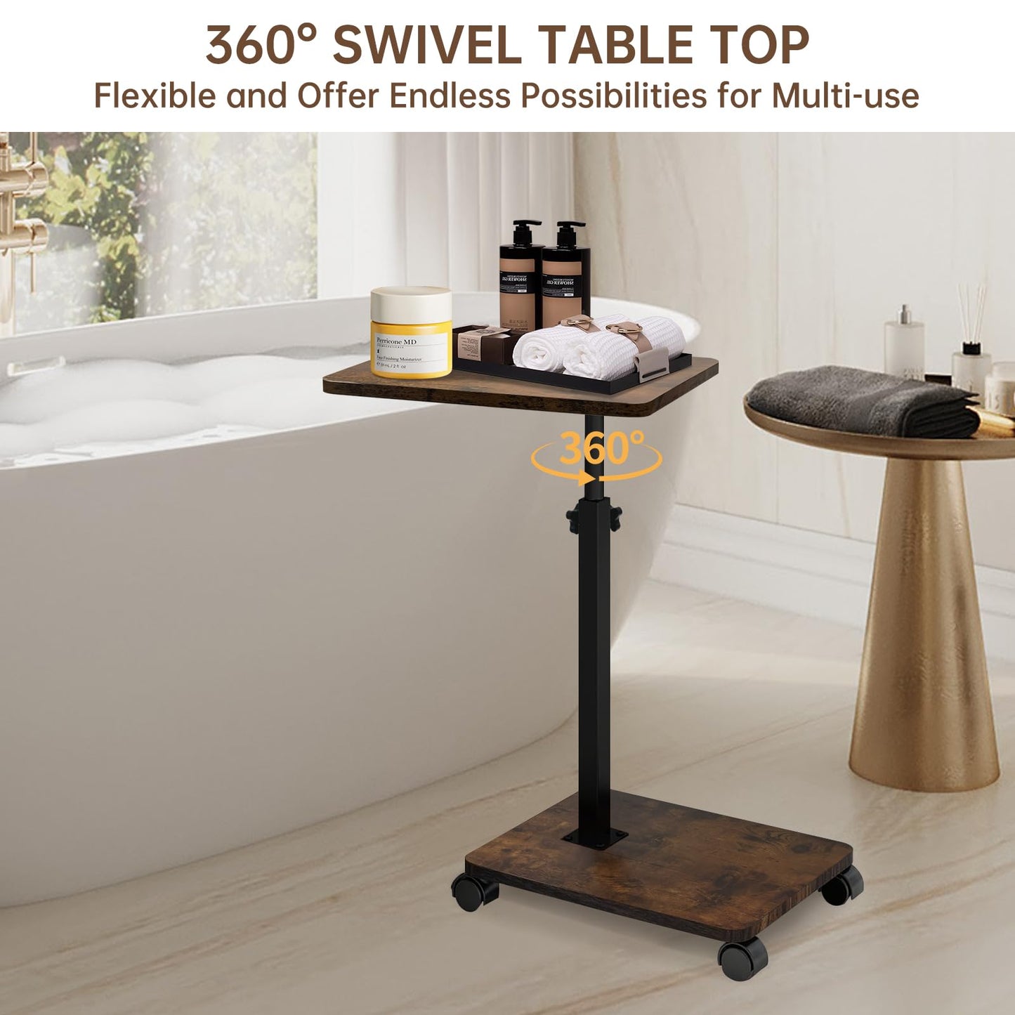 KUKKUME C Shaped Side Table Height Adjustable Sofa Table Over Bed Table with 360° Swivel Tray and Wheels Under Sofa End Table for Living Room Couch