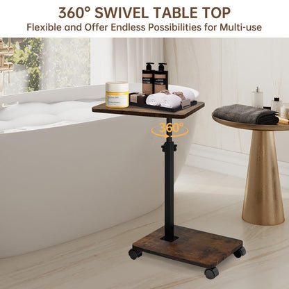 KUKKUME C Shaped Side Table Height Adjustable Sofa Table Over Bed Table with 360° Swivel Tray and Wheels Under Sofa End Table for Living Room Couch
