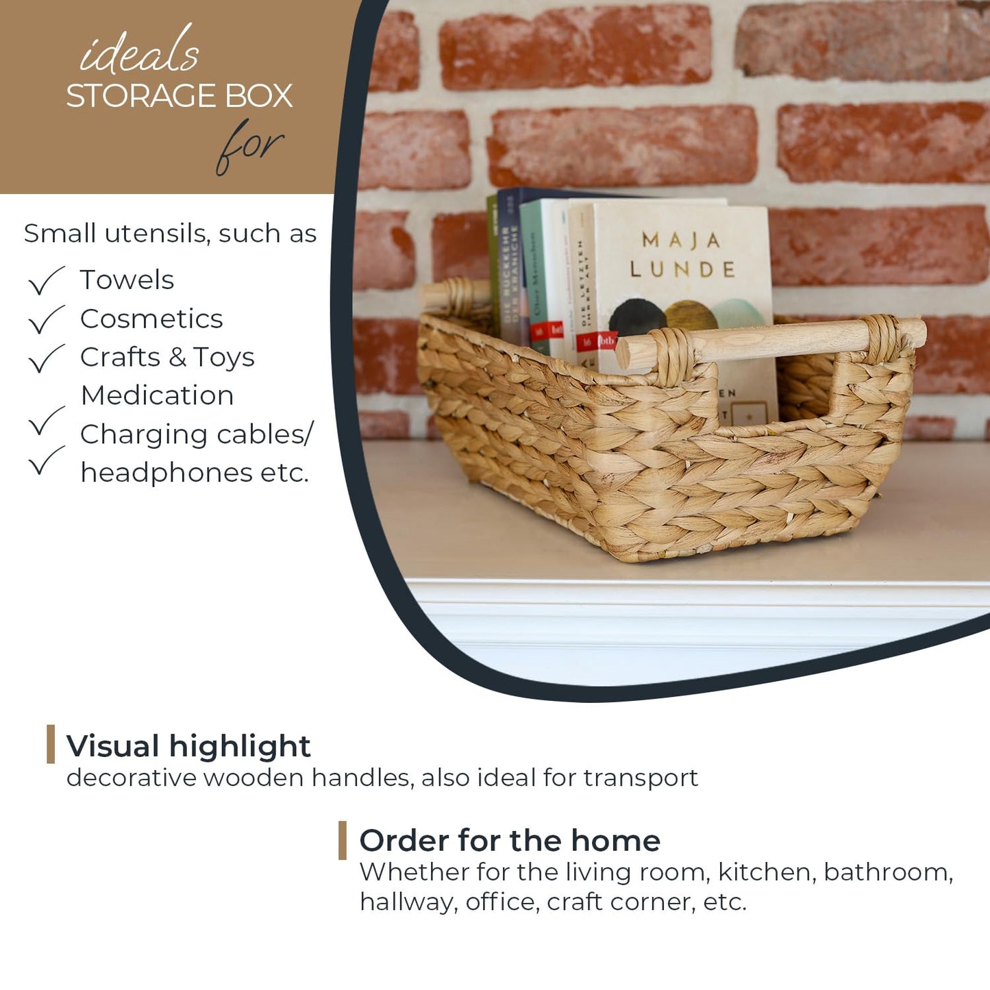 HMF Storage basket woven from water hyacinth, decorative basket with wooden handles for storage in the bathroom, living room, kitchen