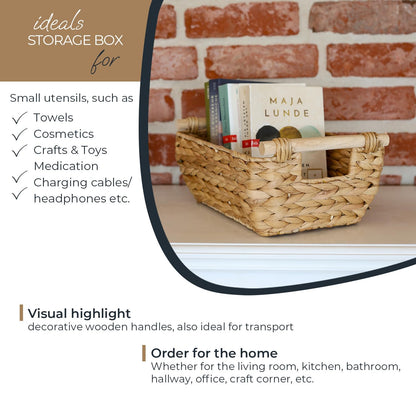 HMF Storage basket woven from water hyacinth, decorative basket with wooden handles for storage in the bathroom, living room, kitchen