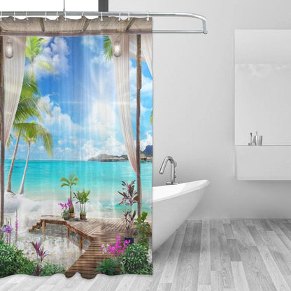 YUAOEUR 3D Landscape Garden Shower Curtain 79X72 Inch Nature Scenery Sunset at Lake View Spring Flowers Green Grass Scenery Bathroom Decoration