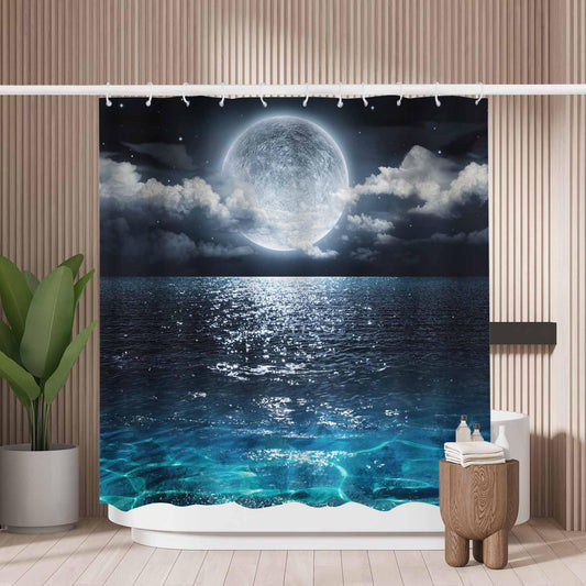 Woutay Shower Curtain Mould Proof Resistant Full Moon on Sea,Water Repellant Fabric,Polyester,with 12 Plastic Hooks,Size 180x180CM