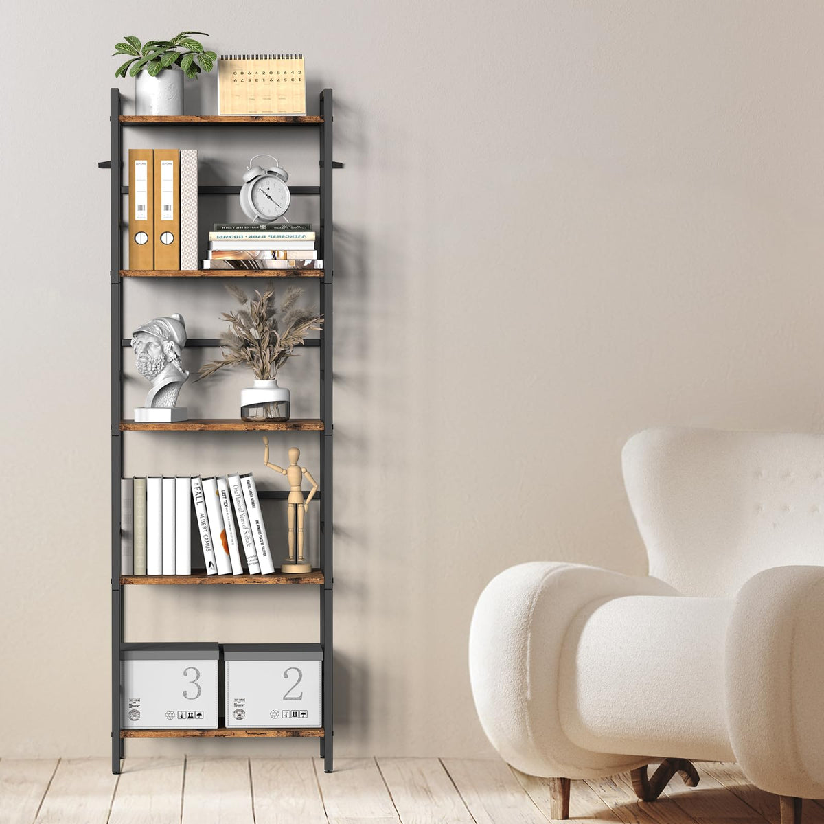 CADUKE 5 Tier Bookshelf, Rustic Brown and Black Storage Rack