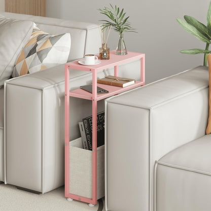 JERX Narrow Side Table with Fabric Basket, End Table for Small Spaces, Slim Side Table with Magazine Rack for Living Room Office Bedroom and Bathroom