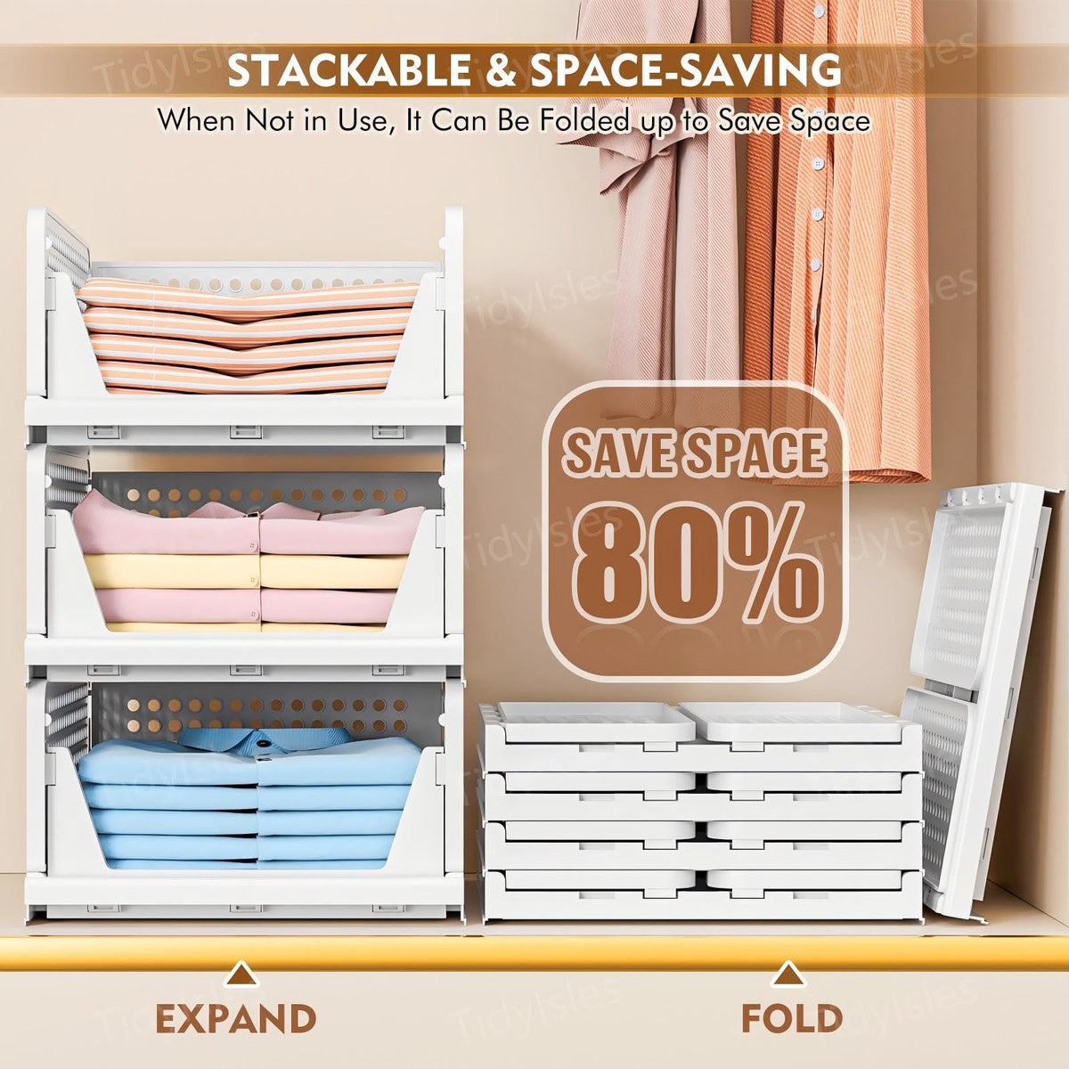 TidyIsles Wardrobe Storage Organiser, 4 Pack Folding Closet Organisers, Stackable Storage Boxes