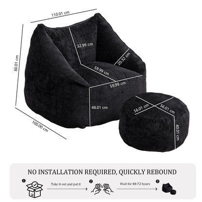 MINCETA Giant Bean Bag Chair with Ottoman, Oversized Beanbag Chair with Back Support,Comfy Bean Bag Couch for Living Room, Bedroom, Black