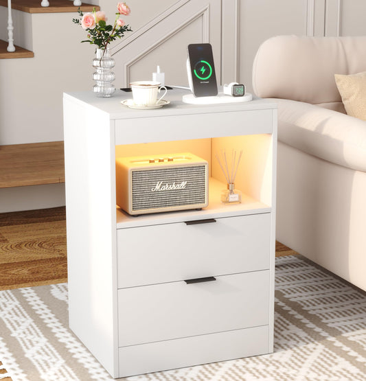 Yusong LED Nightstand Bedside Table with Charging Station 2 Drawers, White Modern Sofa Couch End Side Table with Lights, Invisible Lock and Pull-Out