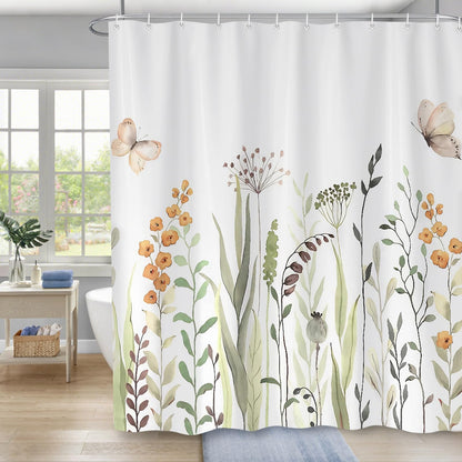 Minicoco Shower Curtain with Floral Botanical - Mould & Mildew Resistant Waterproof Bathroom Decor, 100% Polyester with 12 Hooks, 180x180 cm