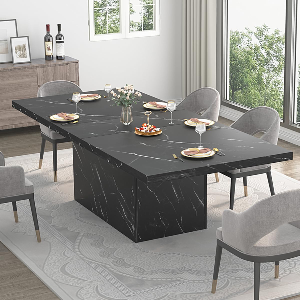 HSH Dining Table Modern Rectangle Kitchen Dinner Table 180cm Black Marble