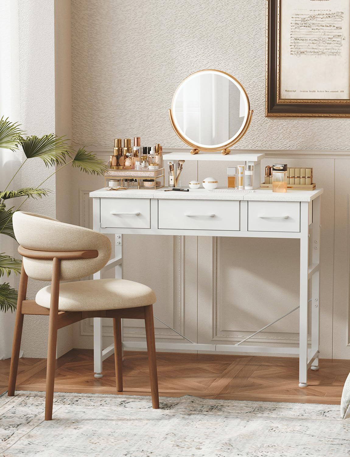KitMent Small Desk with 3 Fabric Drawers, Small Computer Desk with Adjustable Monitor Stand and Hook, 76x36cm Table for Makeup Vanity