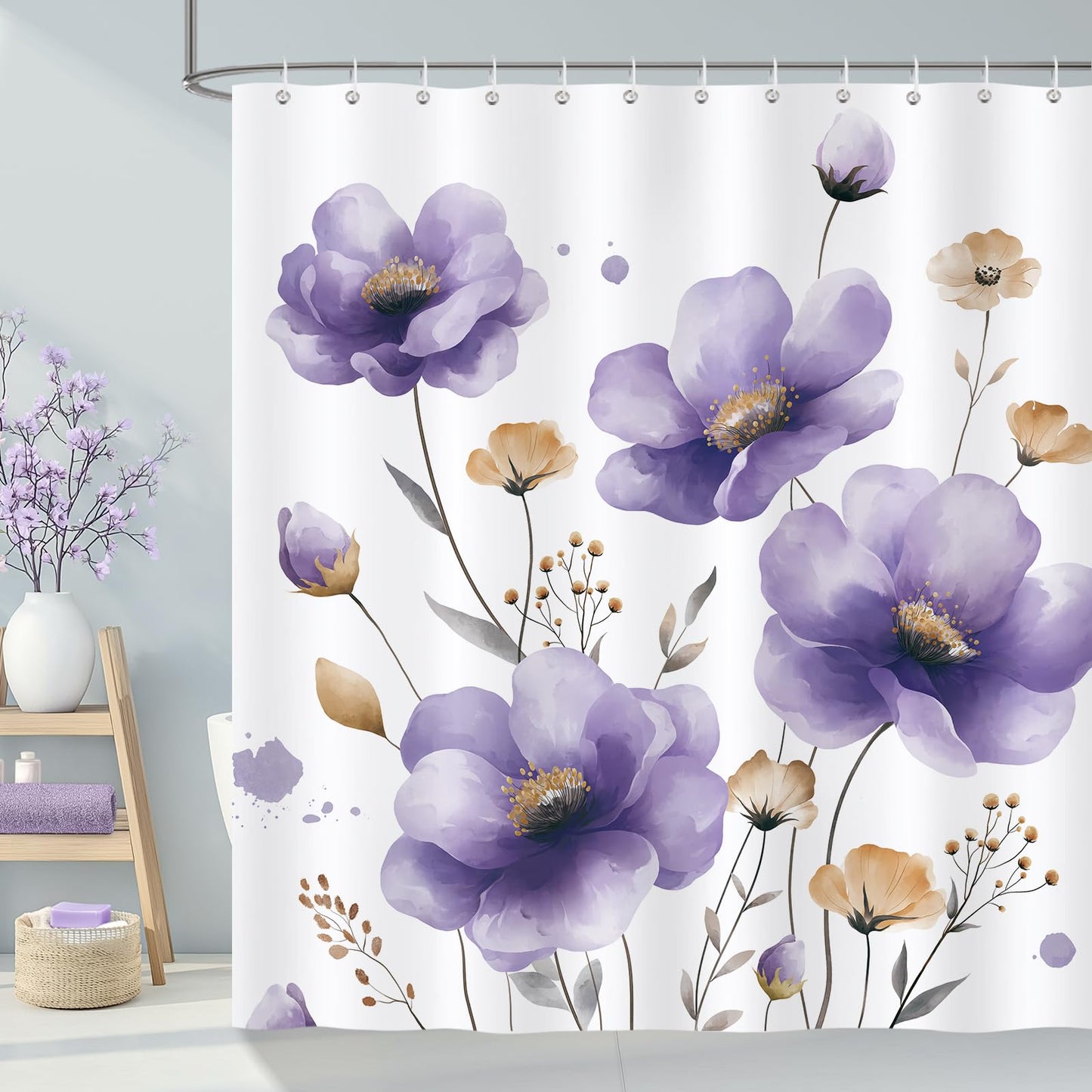 COZZSNUGE Watercolor Floral Shower Curtain, Apricot Violet Flowers Boho Farmhouse Bathroom Curtain 183 x 183 cm, Water Repellent Mildew Resistant