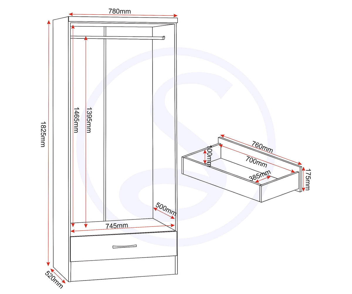 Seconique Nevada 2 Door 1 Drawer Wardrobe in 3D Effect Grey