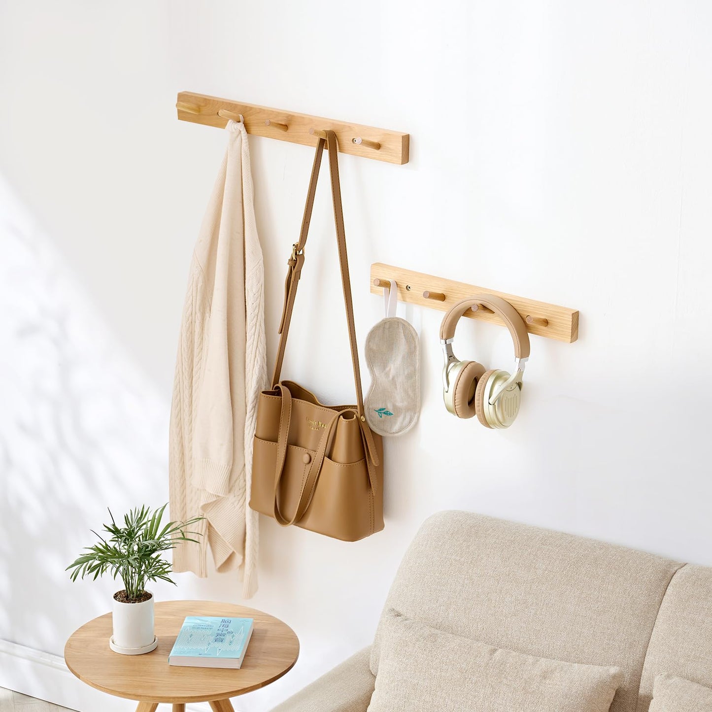 Wooden Coat Rack Wall Mounted, 30cm Hickory Wood Floating Jackets Hooks