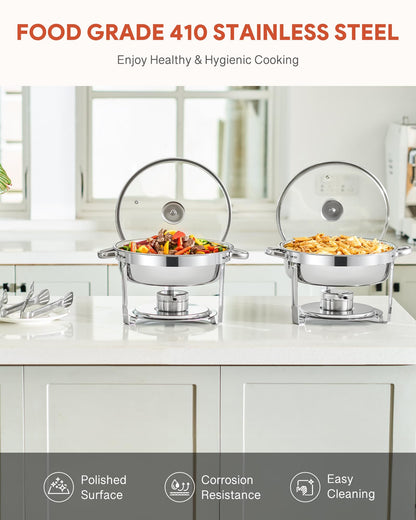 WILPREP Chafing Dish Buffet Set, 2 Pack 5.5L Round Chafers for Catering with Glass Lid & Lid Holder Water Food Pan, Stainless Steel Food Warmers