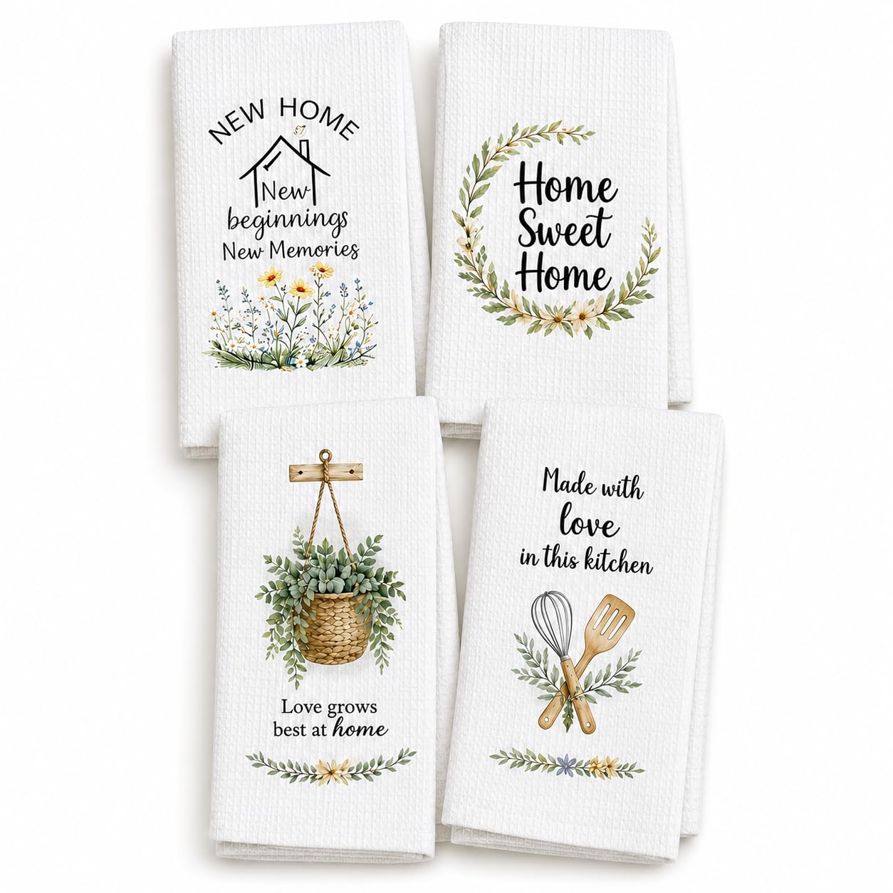 PUQGAOIP New Home Gifts, 4 Pack 40x60cm Waffle Tea Towels, Watercolour Printed House Warming Gifts New Home