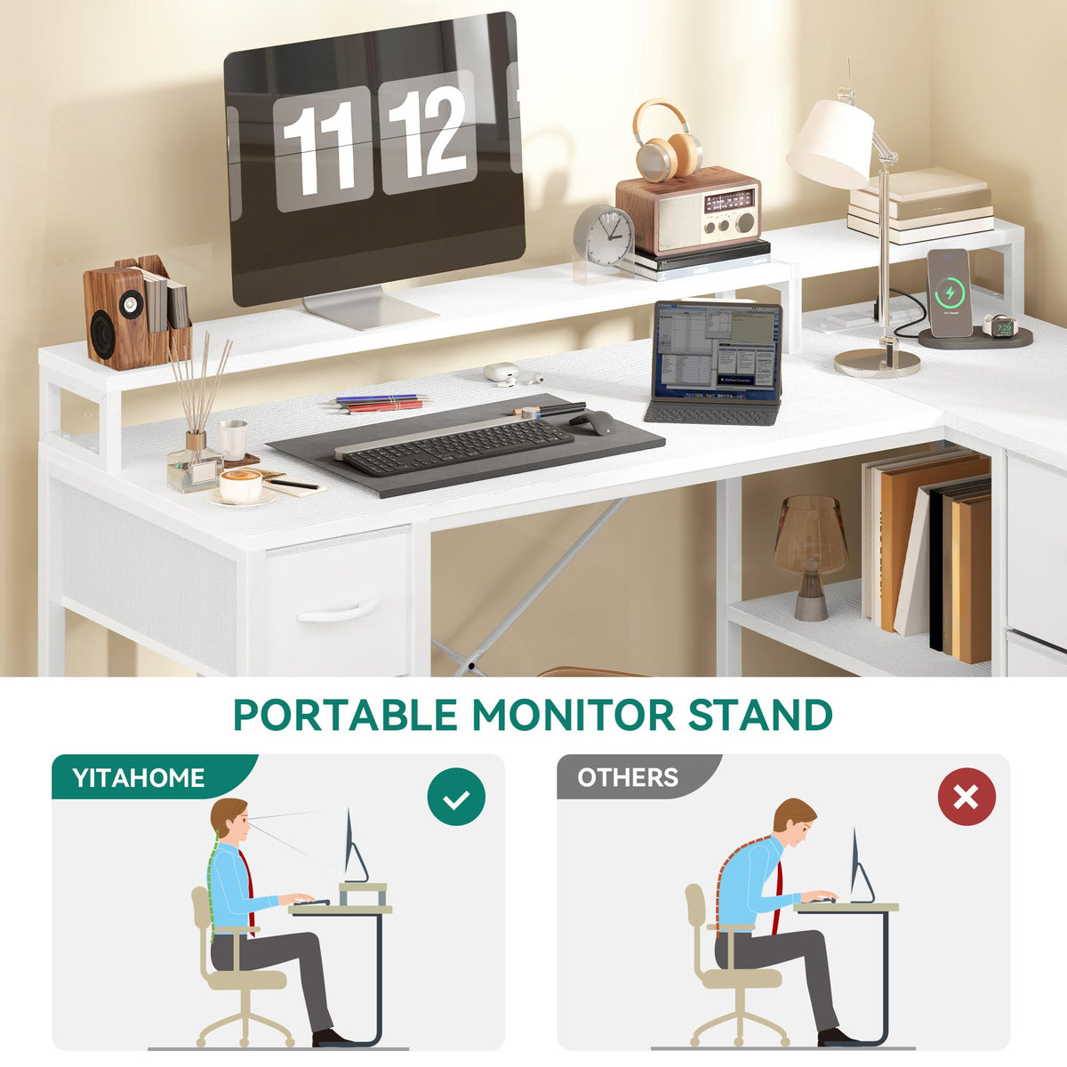 YITAHOME L Shaped Computer Desk with Drawers Power Outlet 140cm White