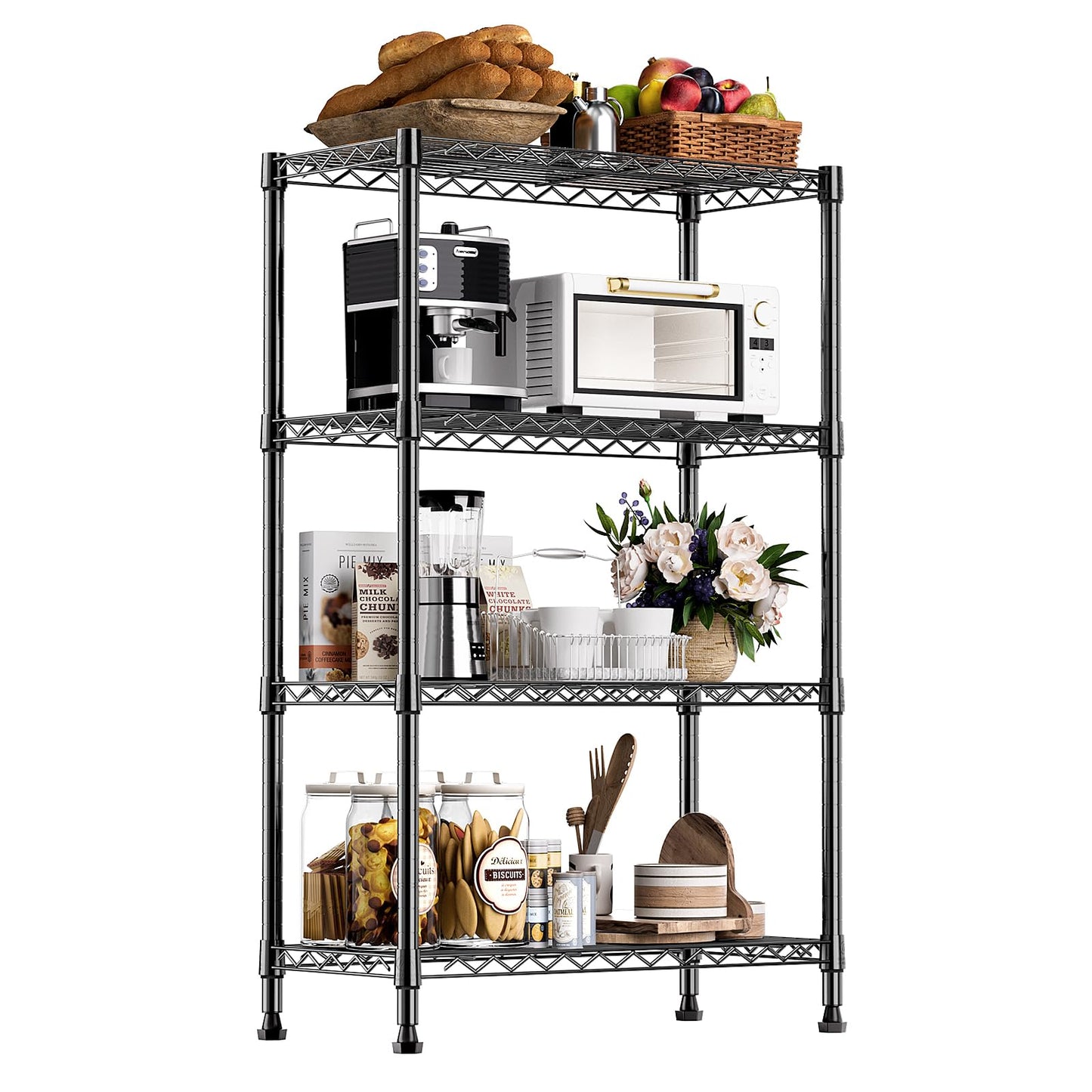 M MZG Height Adjustable Shelves,Heavy Duty Wire Pantry Shelving for Tool Sheds, Garage, and Storehouse,Metal,Black 4tier,35 x 60 x 135.8 cm