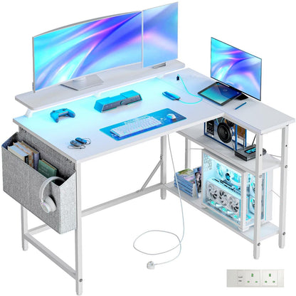 DOMSHOCT L Shaped Gaming Desk with LED Lights & Power Outlets, 100 * 80cm Small Corner Computer Table with Storage Bag & Adjustable Shelves & Large