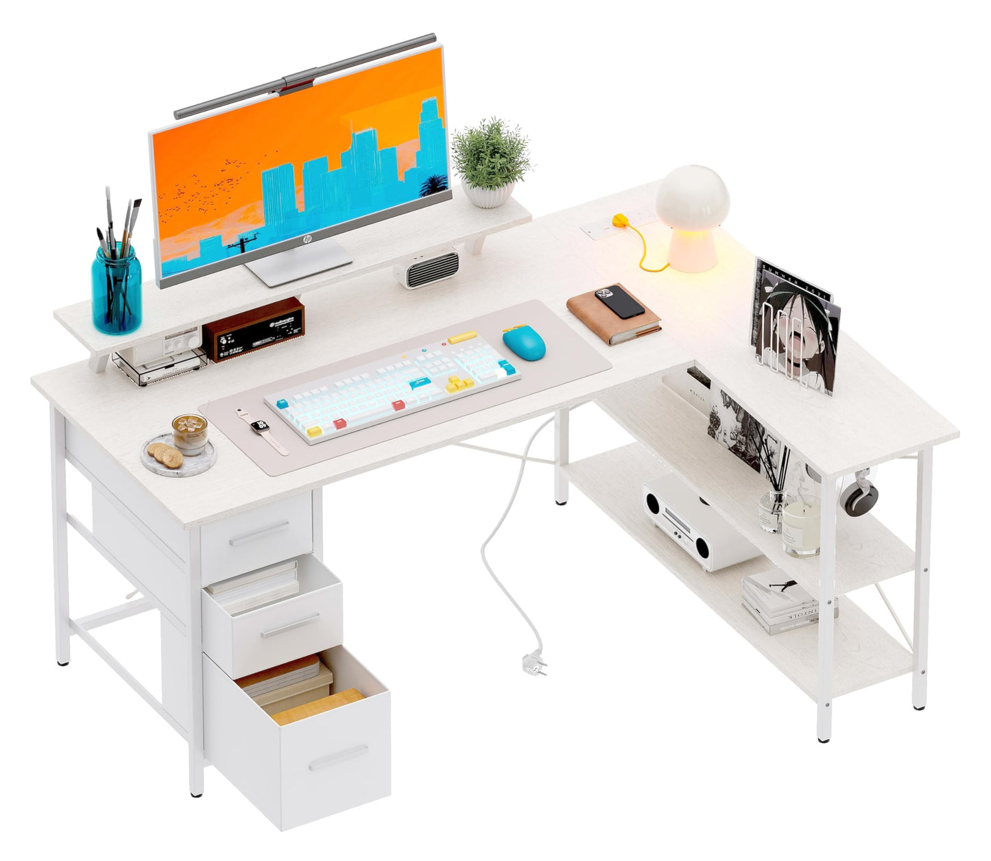 Xyphren Corner Computer Desk with Drawers, 140x80cm Reversible L Shaped Desk with Power Outlet, Home Office Desk with Monitor Stand and PC Stand