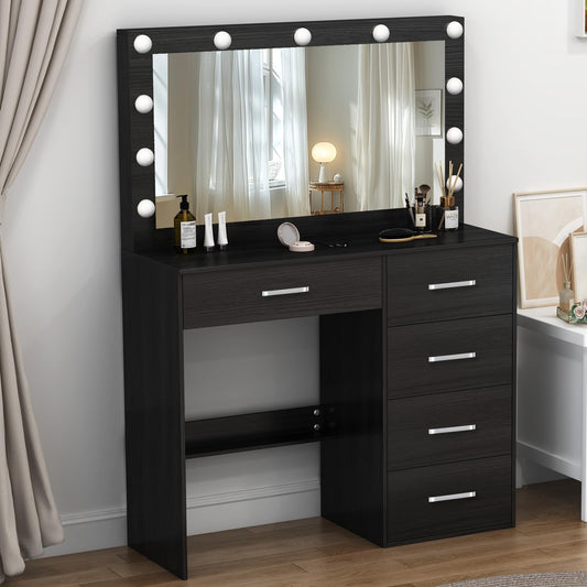 Buildonely Dressing Table with Mirror and Lights, Adjustable Brightness and 3 Color Temperatures, Vanity Table with 5 Drawers, Modern, Black, 36 x 80