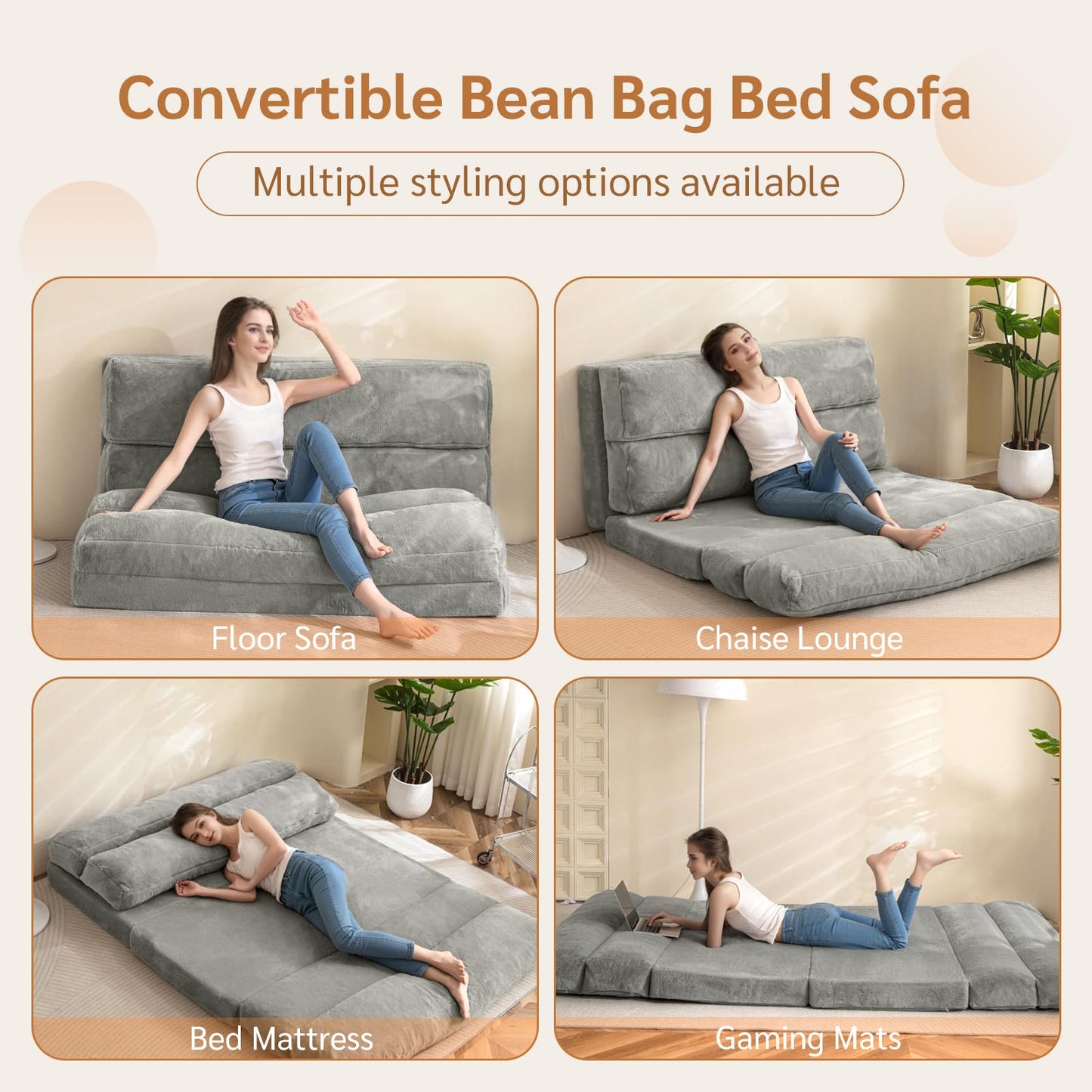 MAXYOYO Bean Bag Bed Folding Faux Fur Fabric Sofa Chair Foam Filling Extra Thick 6 Fold Floor Couch Matress for Adults