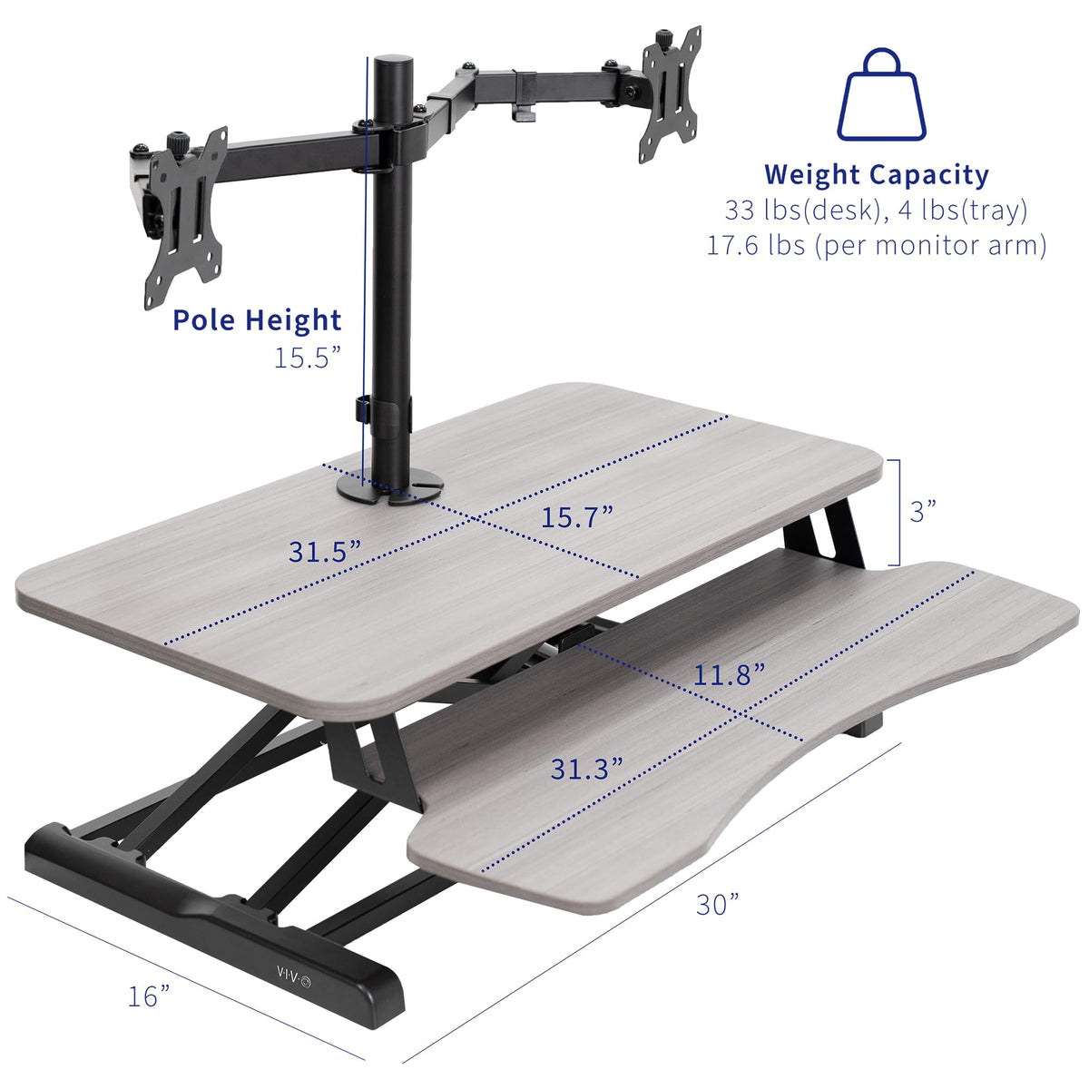 VIVO Height Adjustable 81cm Standing Desk Converter with Dual 13 to 30 inch Monitor Stand, Sit Stand Monitor Mount and Desk Riser, Gray