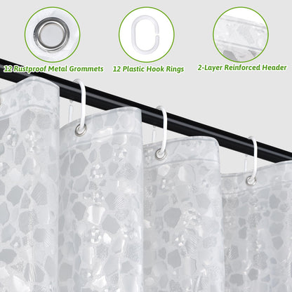 Minicoco PEVA Shower Curtain Mould Proof Mildew Resistant Waterproof Shower Curtains for Bathroom with Magnets and 12 Hooks Clear 3D Pebble Bathroom