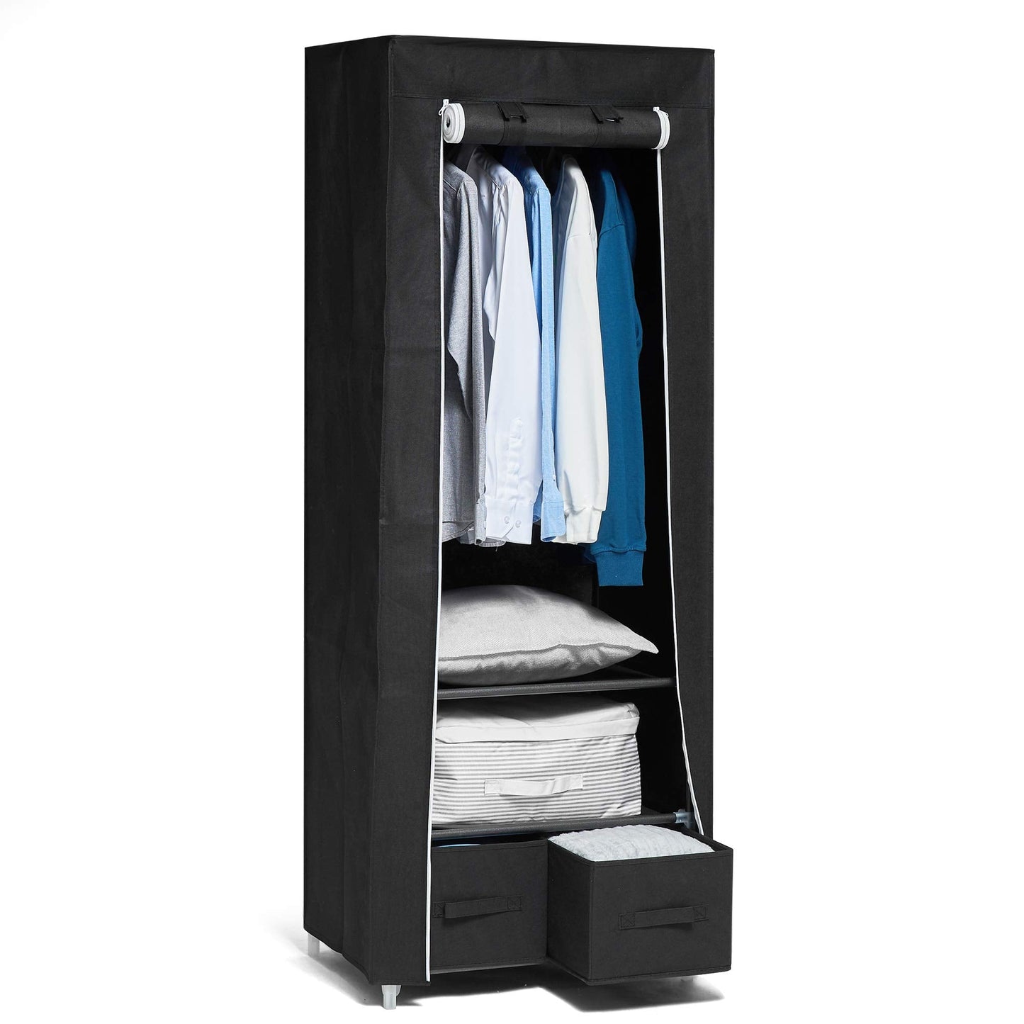 Single Canvas Wardrobe with 2 Drawers and Hanging Rail 160 x 59 x 43CM