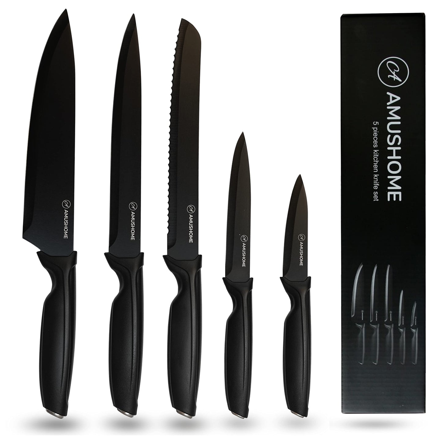 AMUSHOME Kitchen Knife Set of 5 Stainless Steel Sharp Kitchen Knives Set with Ergonomic Handle Include Paring, Utility, Bread and Chef Knife Set