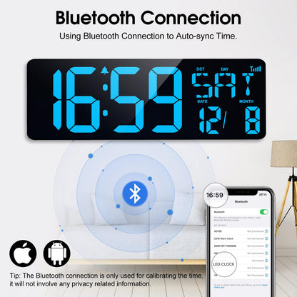 XREXS 17 Inch Large Digital Wall Clock with Bluetooth Function, Auto-sync Time, Adjustable Brightness, Clock with Time/Date/Temperature/Timer/Alarm