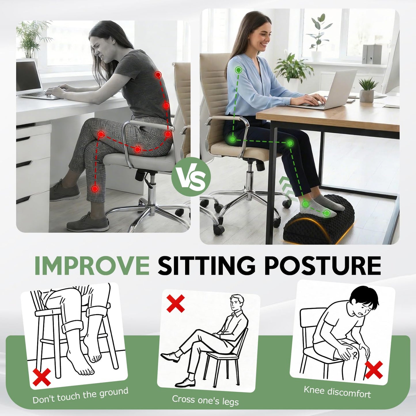 Foot Rest Under Desk - Desk Foot Rest with 2 Adjustable Heights - Ergonomic Footrest for Office Chair & Gaming Chair