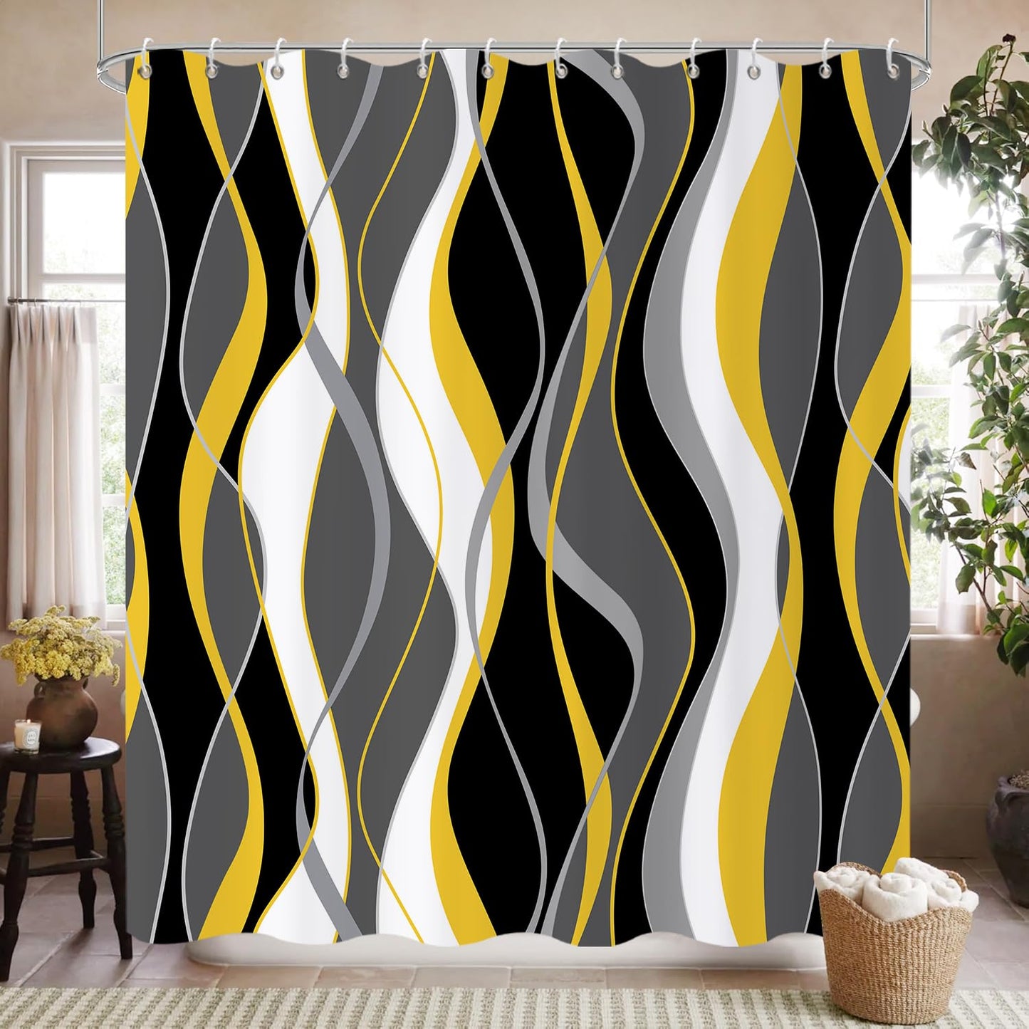 GCIREC Shower Curtain, 180x180cm, Modern Abstract Black Grey White Yellow Ombre Striped Minimalist Art Waterproof Fabric Machine Washable Bathroom