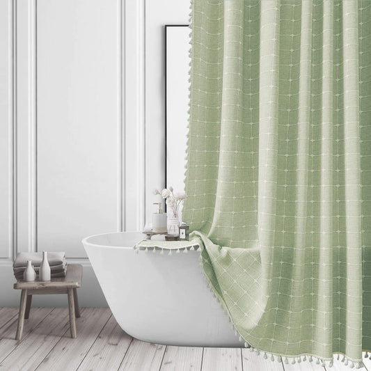ggaimwf Sage Green Shower Curtain Farmhouse Boho Modern Linen Fabric Shower Curtains for Bathroom Bohemian Cute Thick Bathroom Curtain Set with