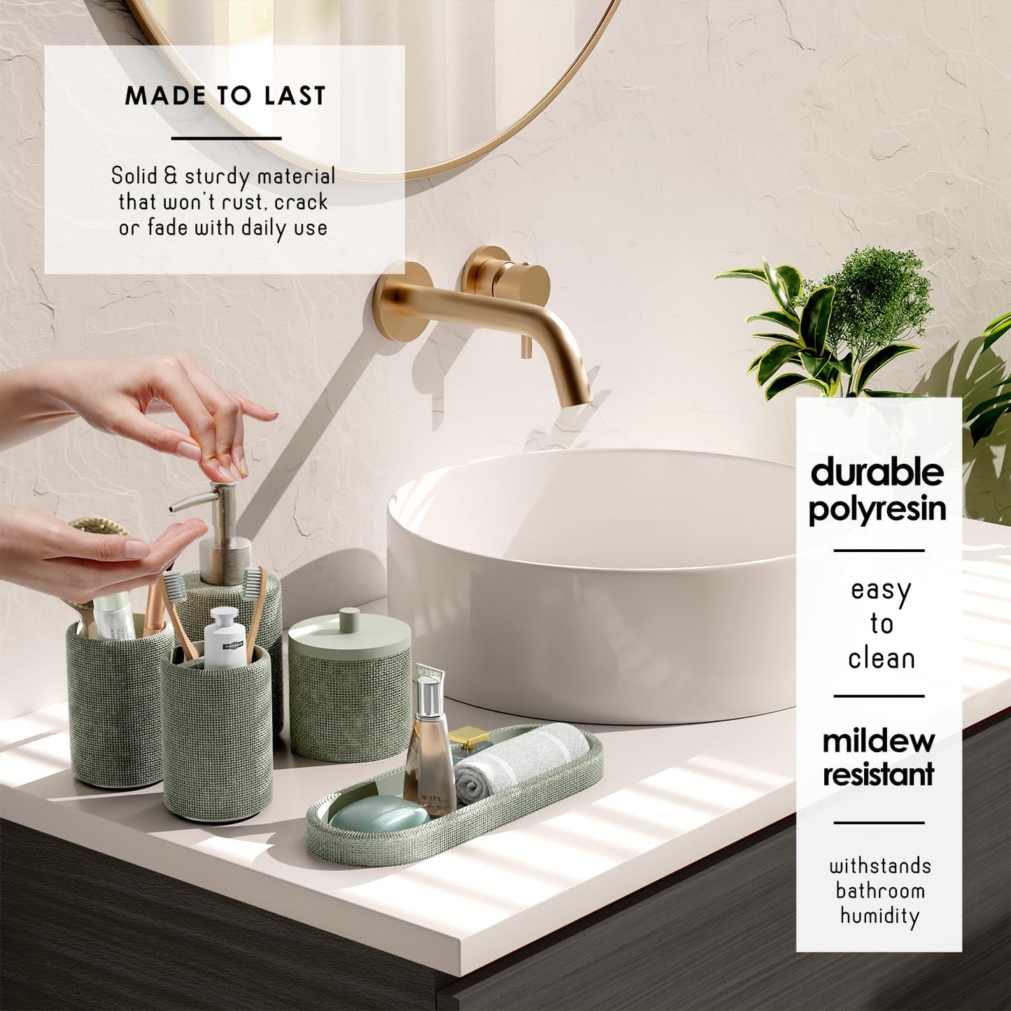 Clara Clark Bathroom Set - Sage Green Bathroom Accessories Set, 5PC Bathroom Accessory Set, Bathroom Sets with Soap Dispenser, Toothbrush Holder