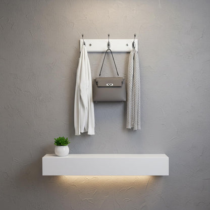 Lomejii Wooden Wall Coat Rack with 3 Silver Hooks, 31 cm, Strong Hook Rail for Hat, Bag, Large Modern Coat Rack for Entrance, Hallway, Bedroom, White