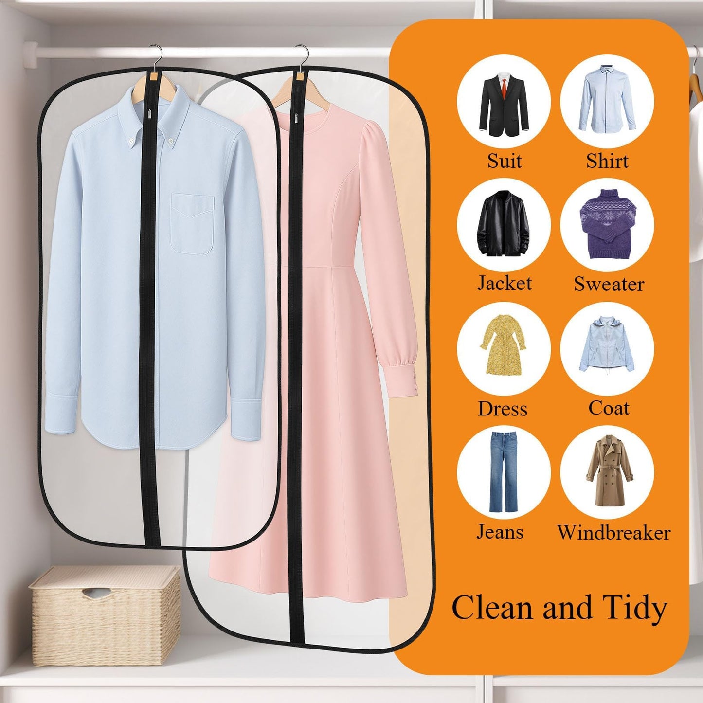 6 Pack Garment Bags, PEVA Translucent Clothes Covers, Suit Bag 40in+47in
