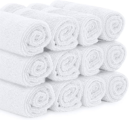 White Classic Luxury Cotton 12 Pc Flannel Set, Hotel Style Small Bath Towel Face Cloth 33x33 cm, Soft Plush White Flannels Pack of 12