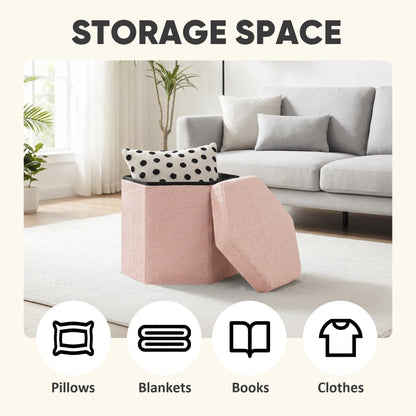 PINPLUS Boucle Ottoman Storage, Hexagonal Foldable Footrest, Pink