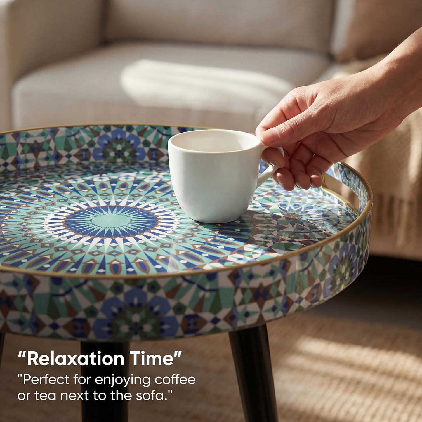 Simmer Stone Round Indoor Side Tables with Detachable Wooden 3 Legs, Versatile Tray Table, Perfect For Round Coffee Table Tea