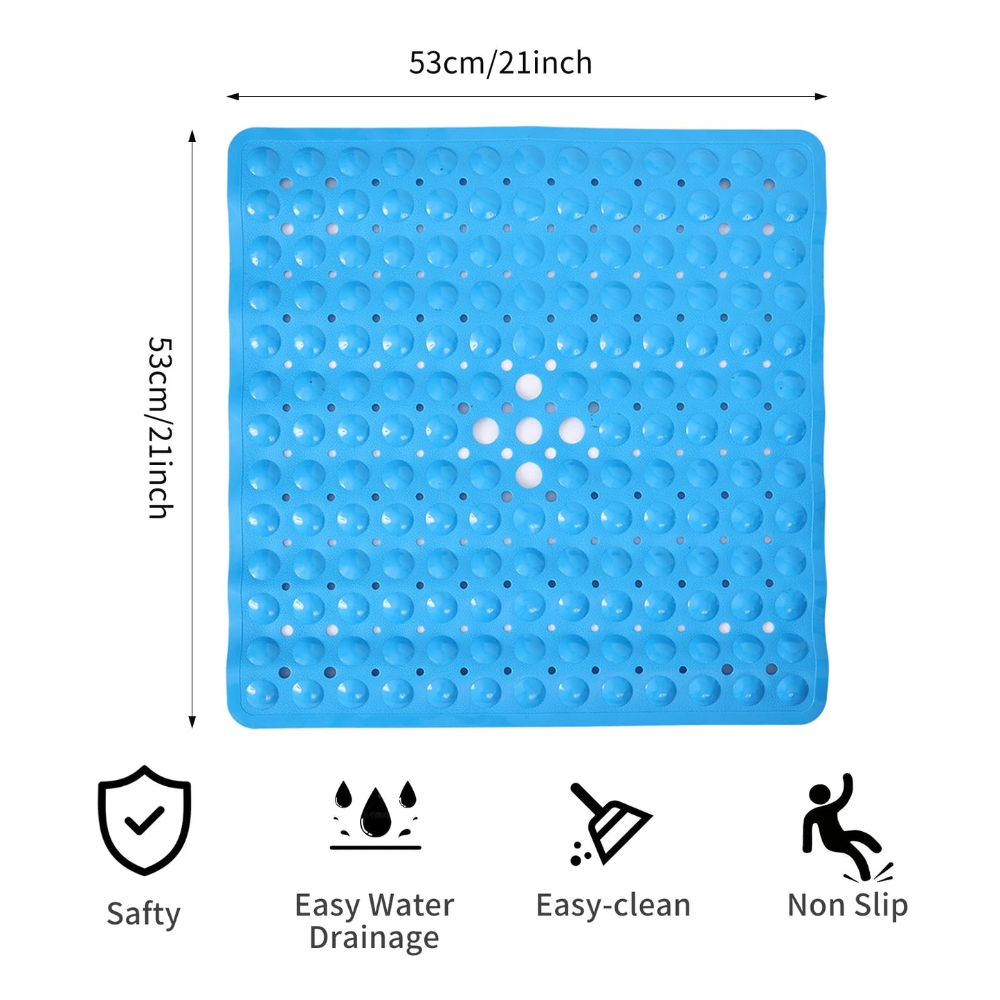Square Shower Mat Non Slip Anti Mould, 53 x 53cm Non Slip Shower Mats for Inside Shower with Strong Suction Cups & Drain Holes, Machine Washable