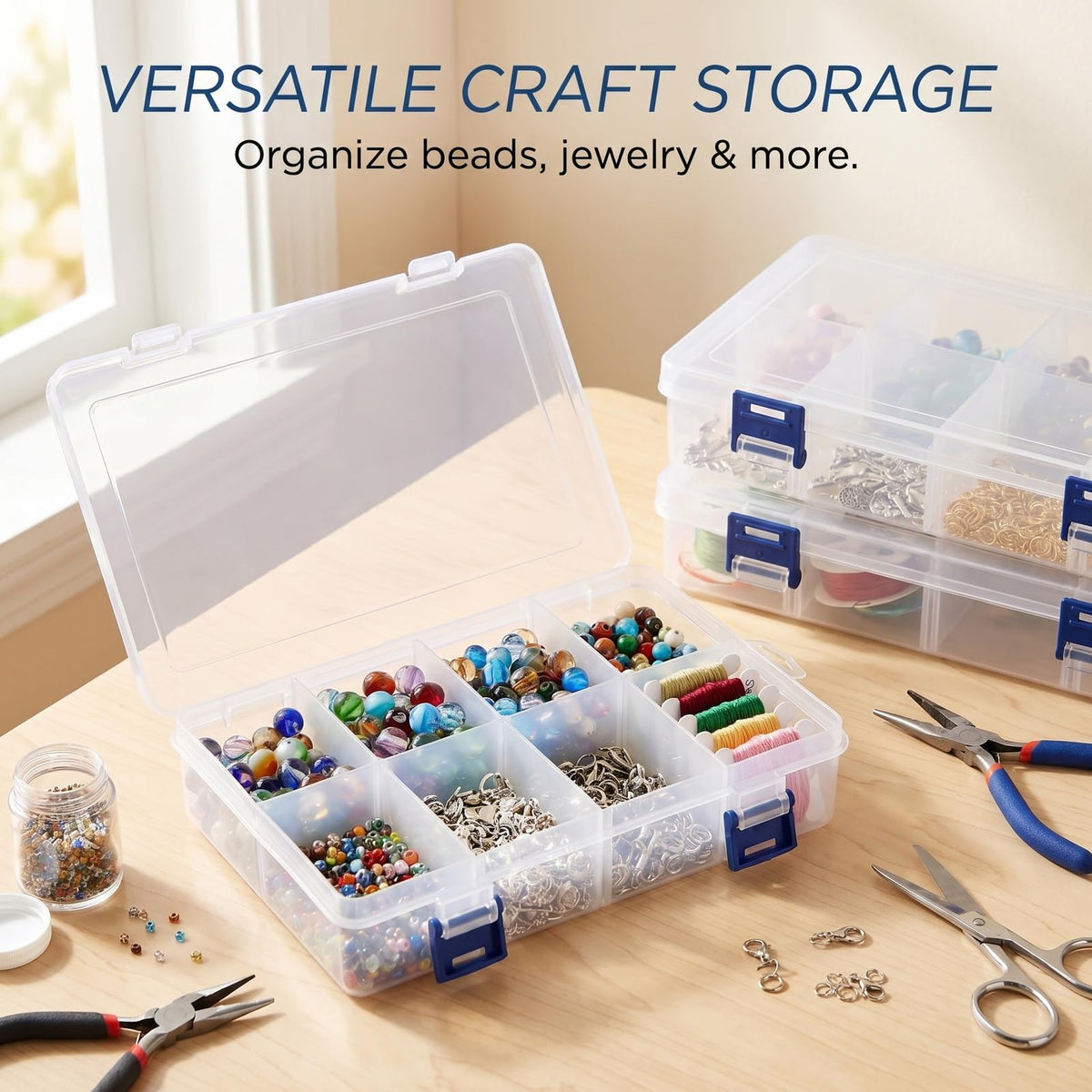 BOBPPOP 3 Pack Plastic Storage Boxes With Compartments, Adjustable Dividers Stackable Organiser, Transparent Container for Jewellery, Beads