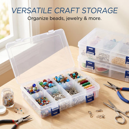 BOBPPOP 3 Pack Plastic Storage Boxes With Compartments, Adjustable Dividers Stackable Organiser, Transparent Container for Jewellery, Beads