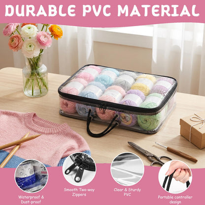 Dexpally 3pcs Yarn Storage Clear Dust-Proof Wool Storage Organiser 40 x 30 x 10cm with Zippers & Handle for Knitting Needles Crochet Hooks Yarn Balls