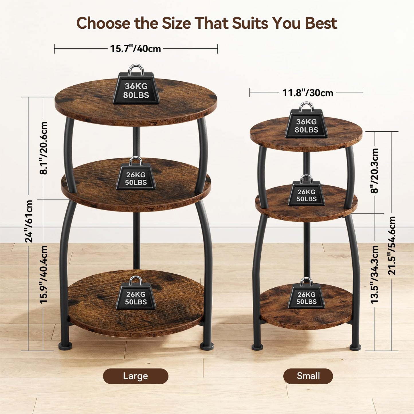 Yuede 3 Tier Side Table, Round Coffee Table, End Table with Storage Shelf, Bedside Table, for Living Room, Bedroom, Metal Frame, 40 x 61cm, Brown