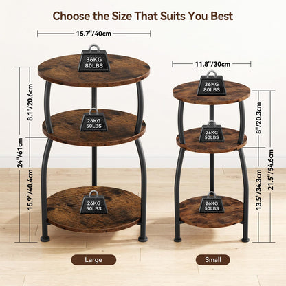 Yuede 3 Tier Side Table, Round Coffee Table, End Table with Storage Shelf, Bedside Table, for Living Room, Bedroom, Metal Frame, 40 x 61cm, Brown